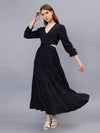WOMEN'S BLACK AND WHITE POLKA DOTS WAIST CUT-OUT RAYON MAXI DRESS