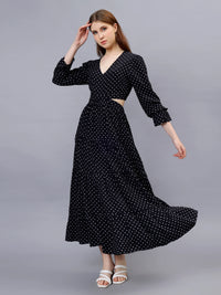 WOMEN'S BLACK AND WHITE POLKA DOTS WAIST CUT-OUT RAYON MAXI DRESS