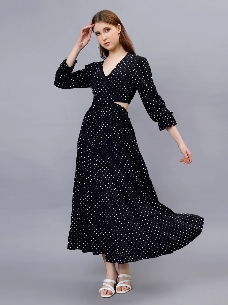 WOMEN'S BLACK AND WHITE POLKA DOTS WAIST CUT-OUT RAYON MAXI DRESS