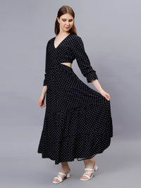 WOMEN'S BLACK AND WHITE POLKA DOTS WAIST CUT-OUT RAYON MAXI DRESS