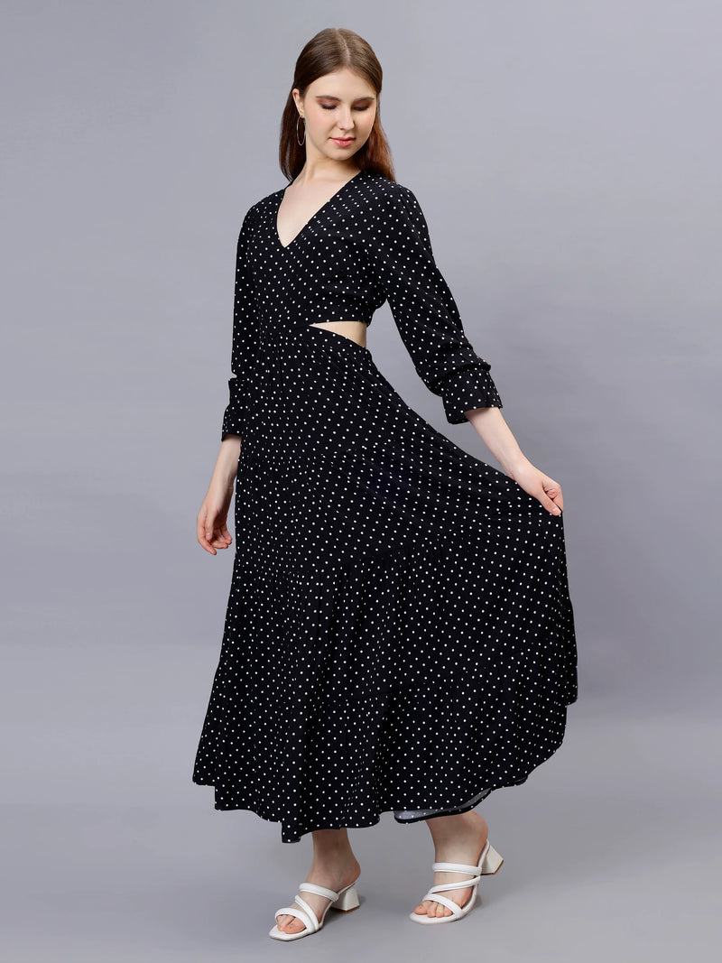 WOMEN'S BLACK AND WHITE POLKA DOTS WAIST CUT-OUT RAYON MAXI DRESS