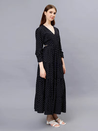 WOMEN'S BLACK AND WHITE POLKA DOTS WAIST CUT-OUT RAYON MAXI DRESS