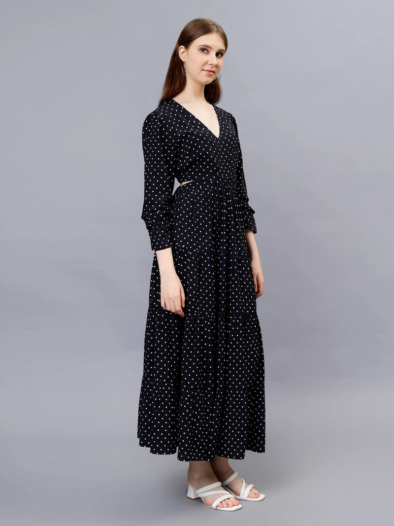WOMEN'S BLACK AND WHITE POLKA DOTS WAIST CUT-OUT RAYON MAXI DRESS