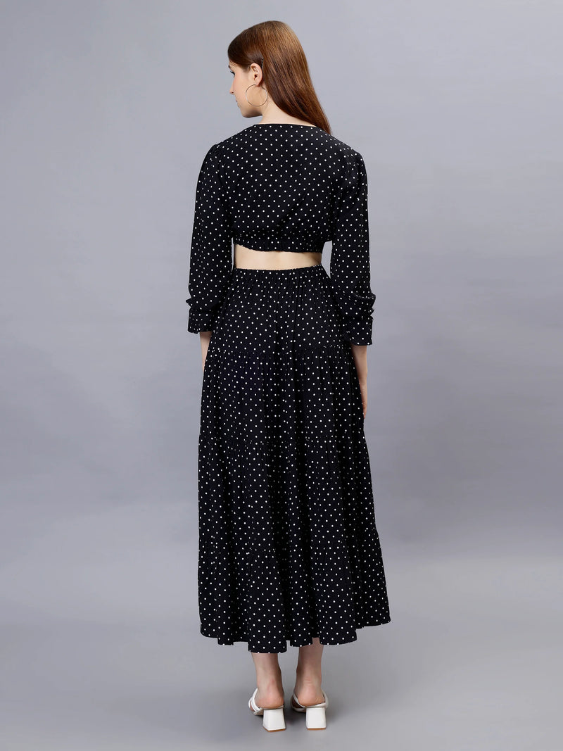 WOMEN'S BLACK AND WHITE POLKA DOTS WAIST CUT-OUT RAYON MAXI DRESS