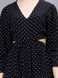 WOMEN'S BLACK AND WHITE POLKA DOTS WAIST CUT-OUT RAYON MAXI DRESS