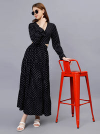 WOMEN'S BLACK AND WHITE POLKA DOTS WAIST CUT-OUT RAYON MAXI DRESS