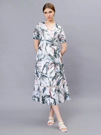 WOMEN'S ALLOVER TROPICAL PRINT PUFF SLEEVE A-LINE TUNIC  COTTON BLEND DRESS