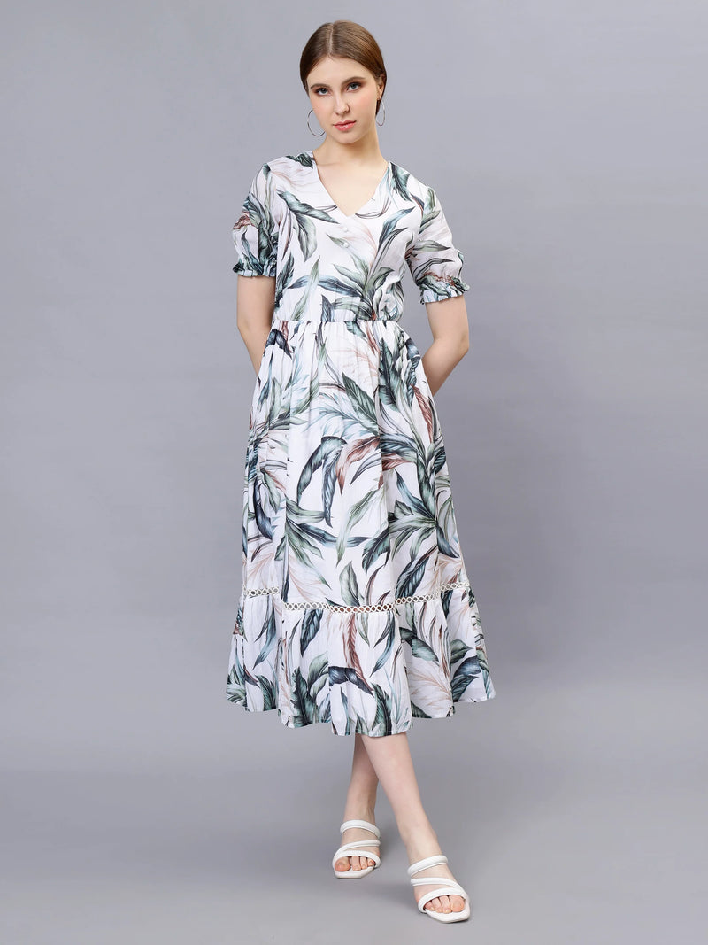 WOMEN'S ALLOVER TROPICAL PRINT PUFF SLEEVE A-LINE TUNIC  COTTON BLEND DRESS
