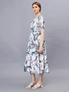 WOMEN'S ALLOVER TROPICAL PRINT PUFF SLEEVE A-LINE TUNIC  COTTON BLEND DRESS