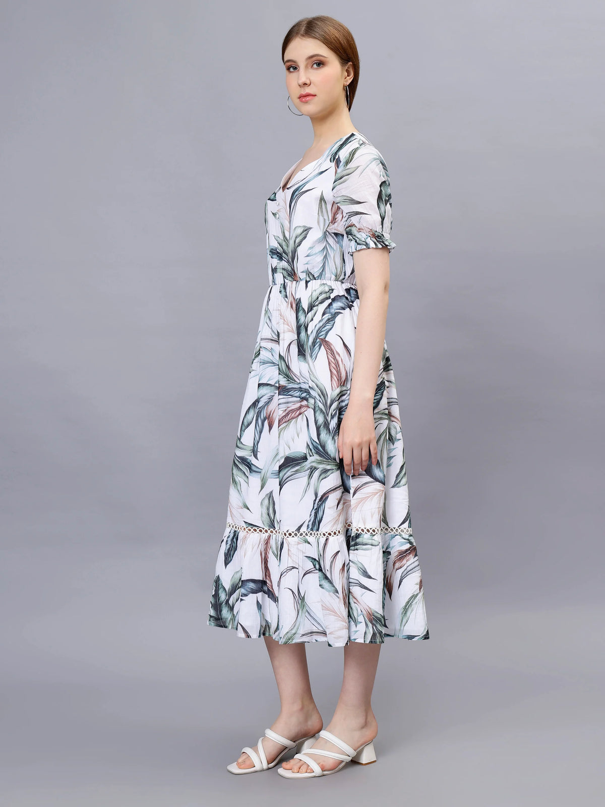 WOMEN'S ALLOVER TROPICAL PRINT PUFF SLEEVE A-LINE TUNIC  COTTON BLEND DRESS