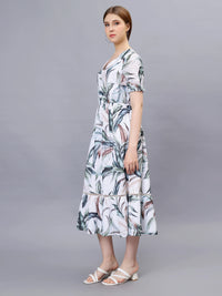 WOMEN'S ALLOVER TROPICAL PRINT PUFF SLEEVE A-LINE TUNIC  COTTON BLEND DRESS