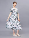 WOMEN'S ALLOVER TROPICAL PRINT PUFF SLEEVE A-LINE TUNIC  COTTON BLEND DRESS
