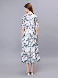 WOMEN'S ALLOVER TROPICAL PRINT PUFF SLEEVE A-LINE TUNIC  COTTON BLEND DRESS