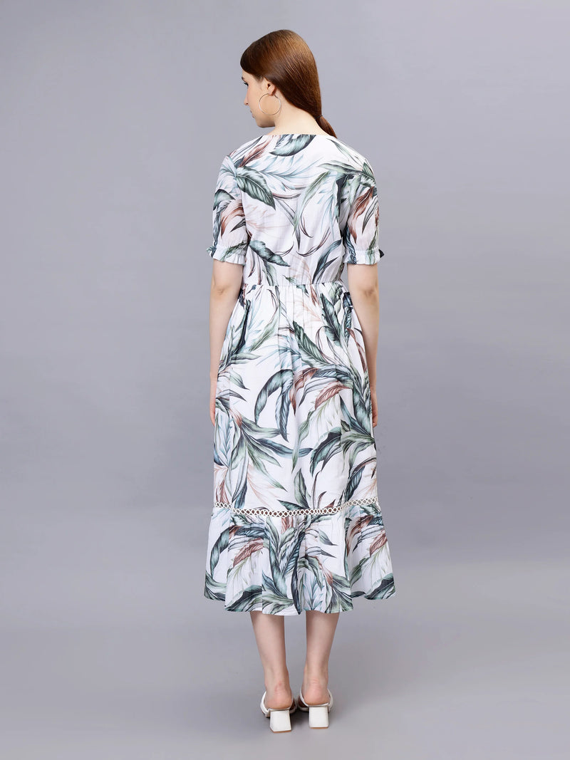 WOMEN'S ALLOVER TROPICAL PRINT PUFF SLEEVE A-LINE TUNIC  COTTON BLEND DRESS