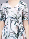 WOMEN'S ALLOVER TROPICAL PRINT PUFF SLEEVE A-LINE TUNIC  COTTON BLEND DRESS