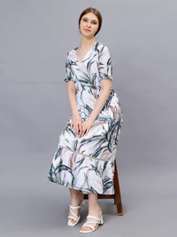 WOMEN'S ALLOVER TROPICAL PRINT PUFF SLEEVE A-LINE TUNIC  COTTON BLEND DRESS