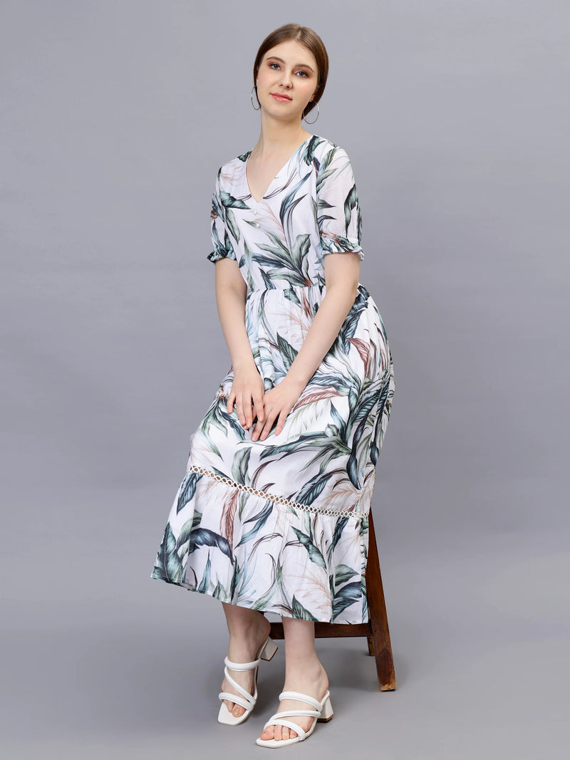 WOMEN'S ALLOVER TROPICAL PRINT PUFF SLEEVE A-LINE TUNIC  COTTON BLEND DRESS