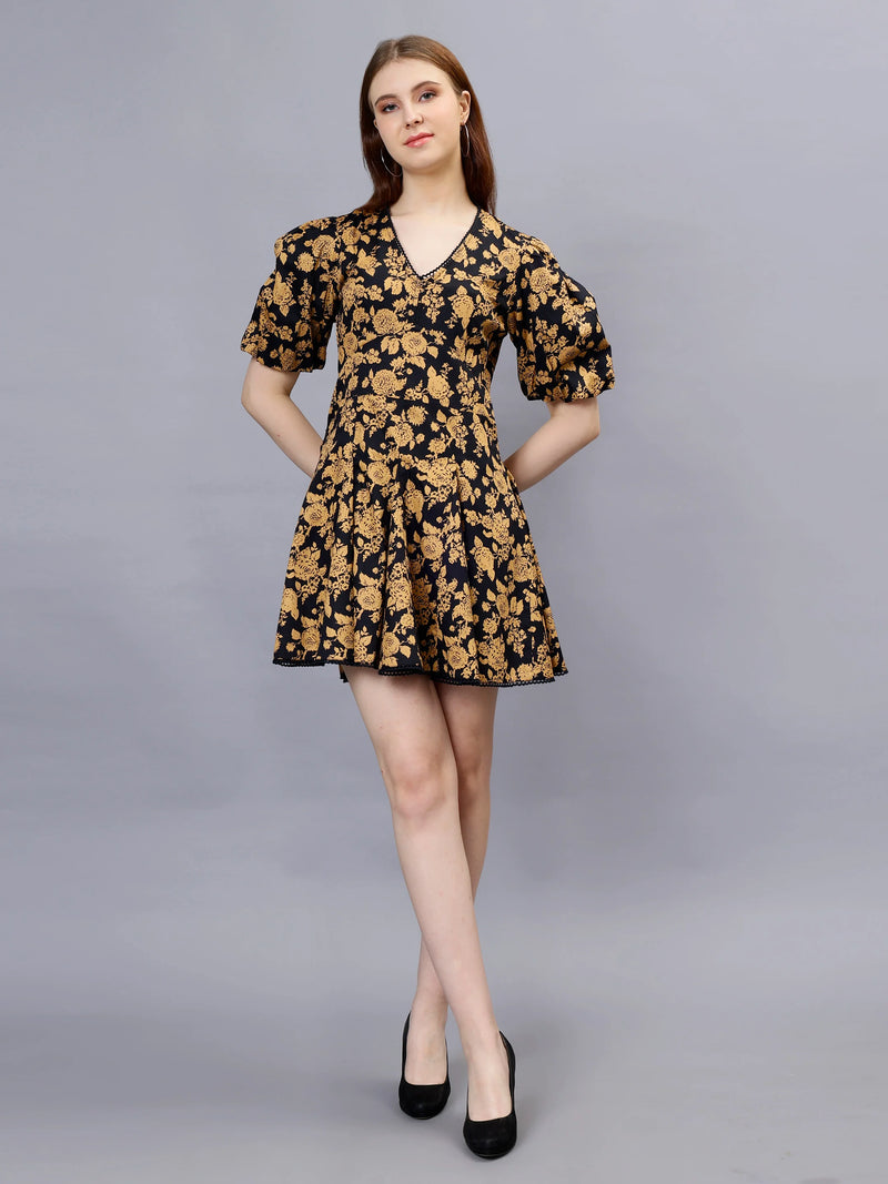 WOMEN'S GOLDEN ROSE PRINT V-NECK COTTON SKATER DRESS