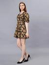 WOMEN'S GOLDEN ROSE PRINT V-NECK COTTON SKATER DRESS