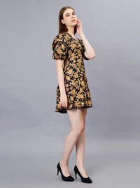 WOMEN'S GOLDEN ROSE PRINT V-NECK COTTON SKATER DRESS