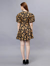 WOMEN'S GOLDEN ROSE PRINT V-NECK COTTON SKATER DRESS