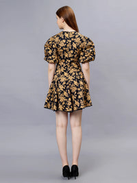 WOMEN'S GOLDEN ROSE PRINT V-NECK COTTON SKATER DRESS