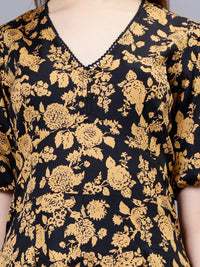 WOMEN'S GOLDEN ROSE PRINT V-NECK COTTON SKATER DRESS