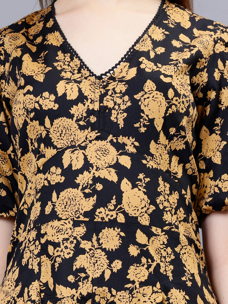 WOMEN'S GOLDEN ROSE PRINT V-NECK COTTON SKATER DRESS