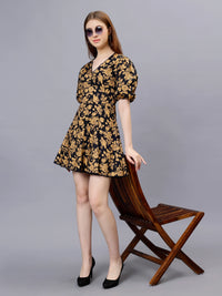 WOMEN'S GOLDEN ROSE PRINT V-NECK COTTON SKATER DRESS