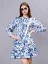 WOMEN'S WHITE AND BLUE FLORAL PRINTED PURE  COTTON MINI DRESS