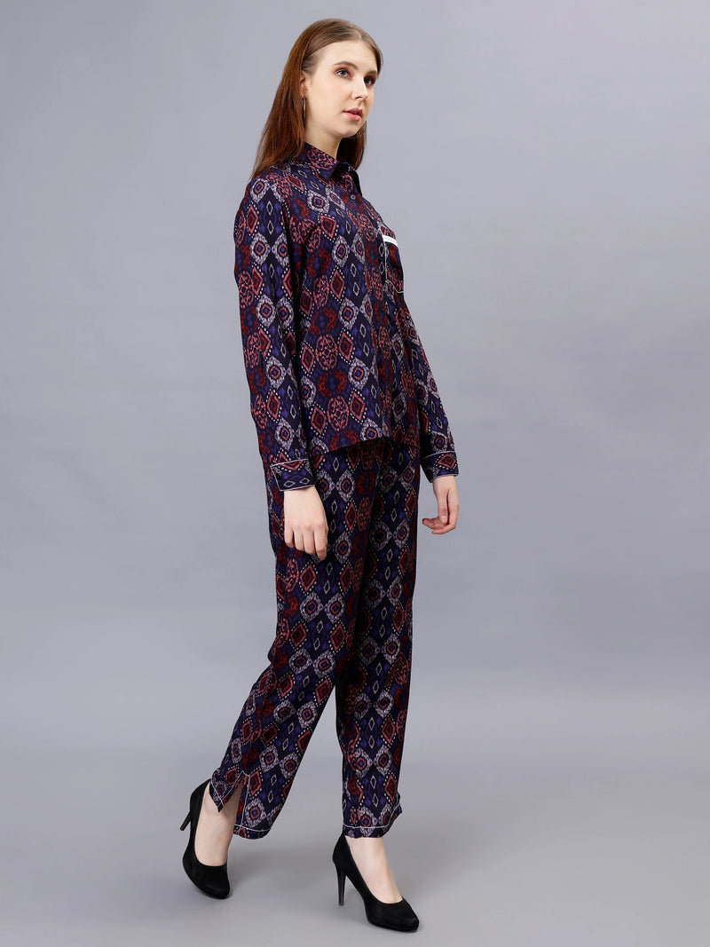 WOMEN'S IKAT PRINTED SHIRT WITH TROUSERS RAYON CO-ORDS SET