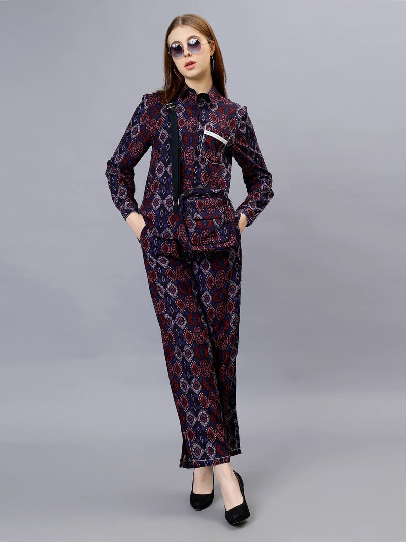 WOMEN'S IKAT PRINTED SHIRT WITH TROUSERS RAYON CO-ORDS SET